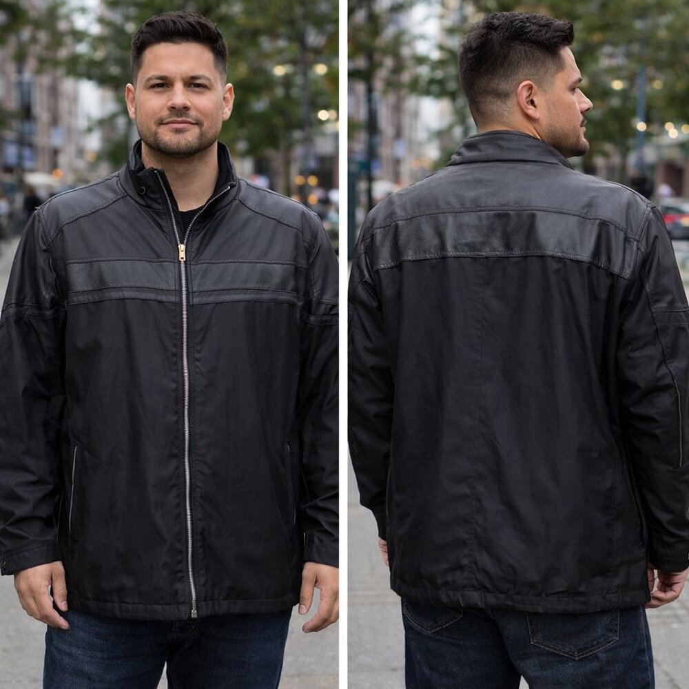 Kenneth Cole Reaction Insulated Nylon & Leather Black Coat 2XL